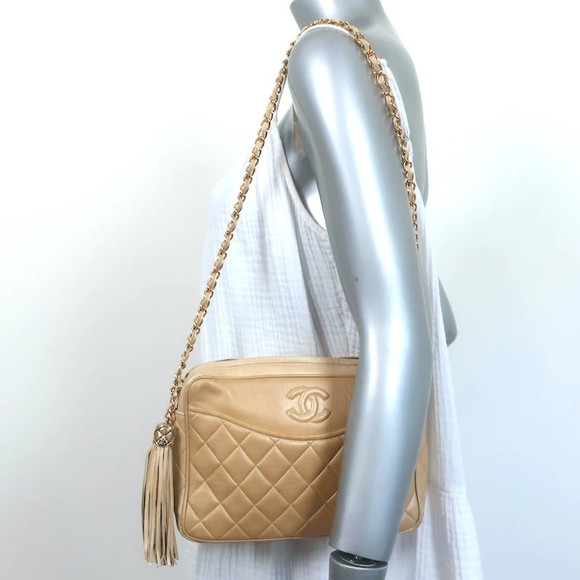 CHANEL, Bags, Vintage Chanel Quilted Tassel Camera Bag Beige Leather  Chain Strap Shoulder Bag